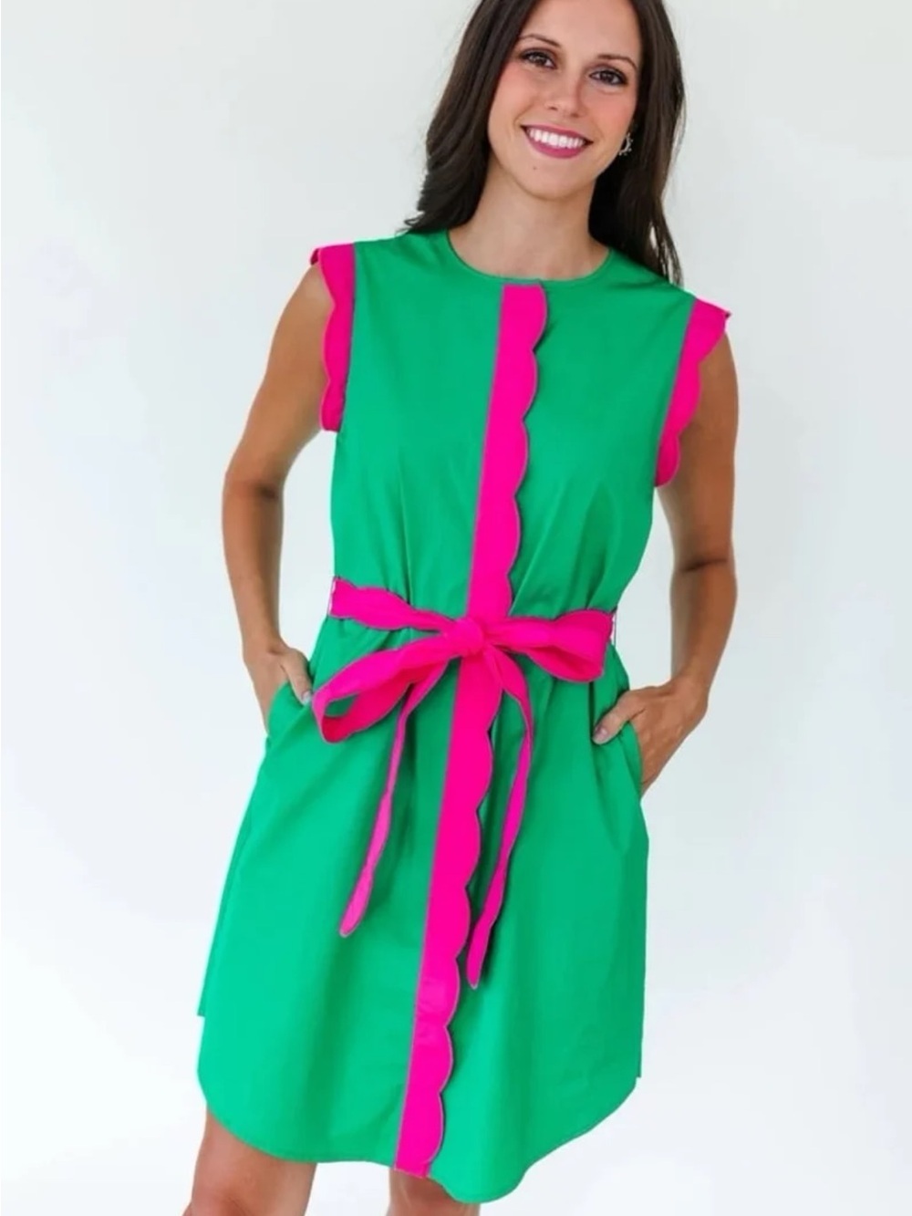 Mary George VIVIAN DRESS in Green with Pink Belted Mini Dress size Medium - Picture 7 of 12
